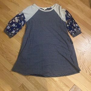 Umgee navy and white striped dress with floral detail on the sleeves